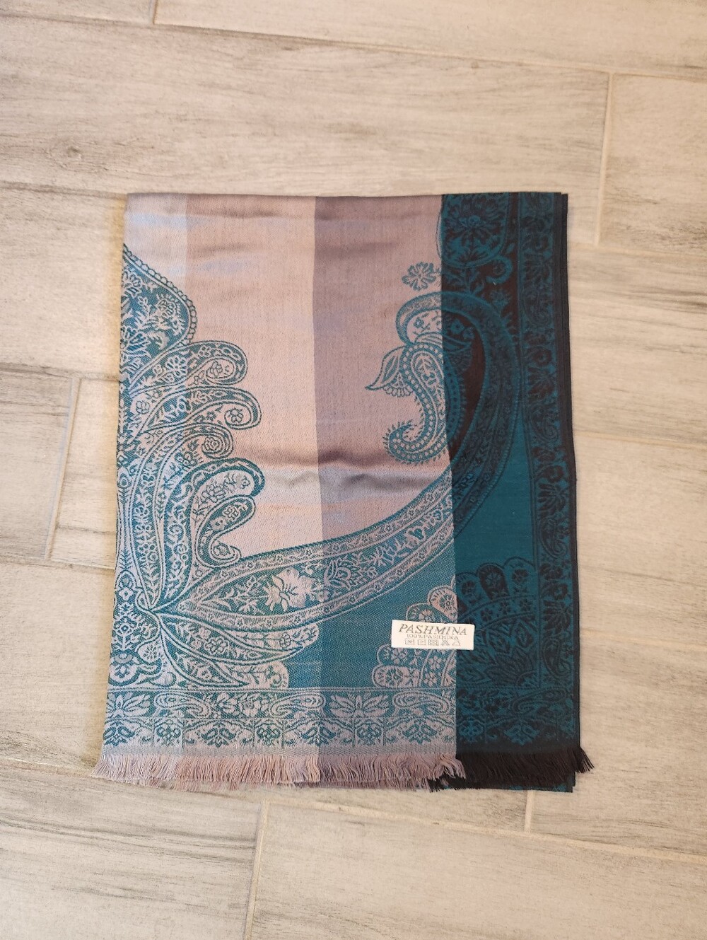 Emerald Green Scarf Women's 100% Pashmina Silver Paisley Striped Luxury New $80
